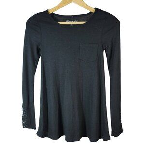 2/$15 Mudd Girls Ribbed Top Black Size 12 Crochet Trim Sleeves Loose Long Sleeve
